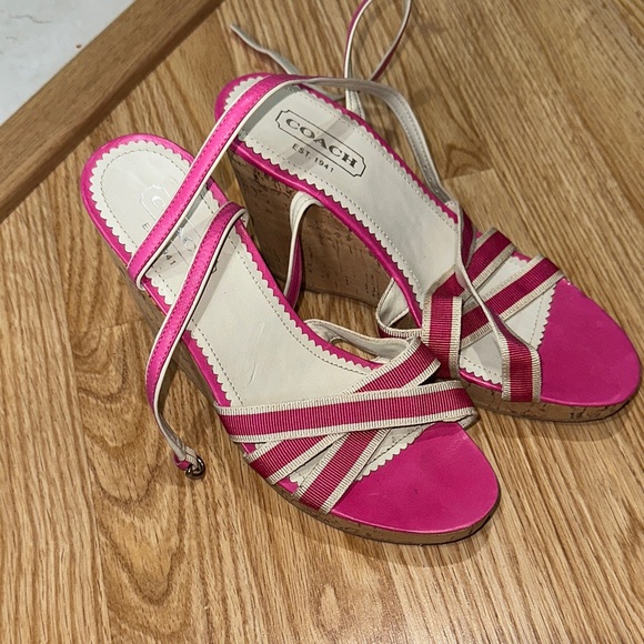 Coach Fuchsia and Beige Wedge Sandals - Picture 1 of 5